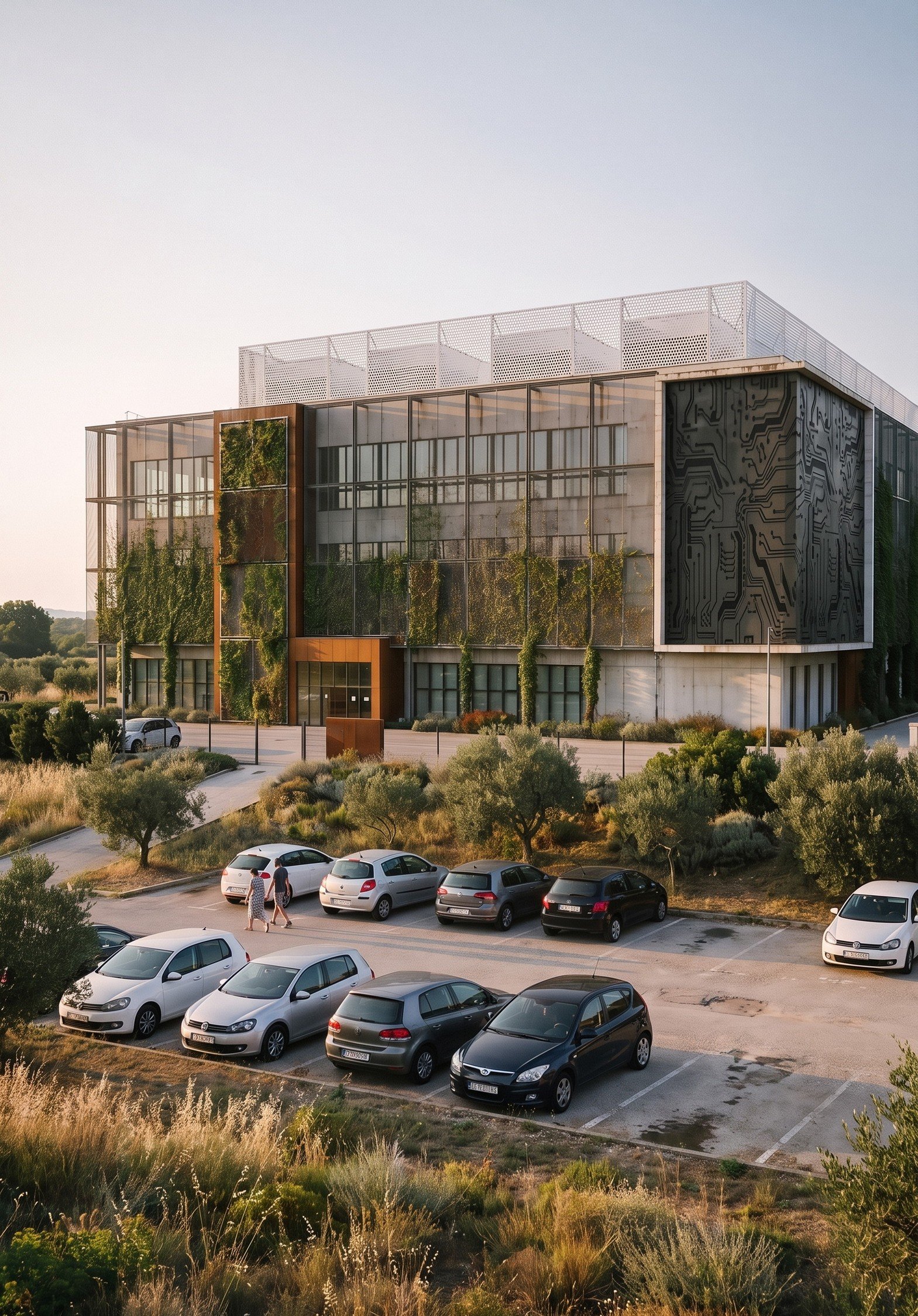 Data center building with living green façade and perforated technical screen