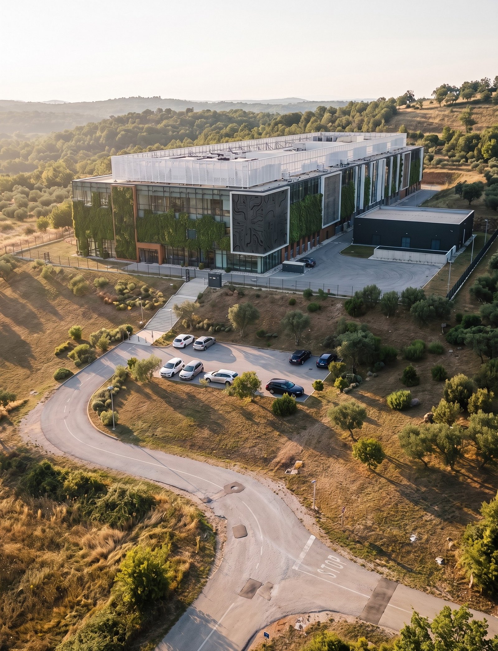 Campus visualisation with main building, technical facility and access roads