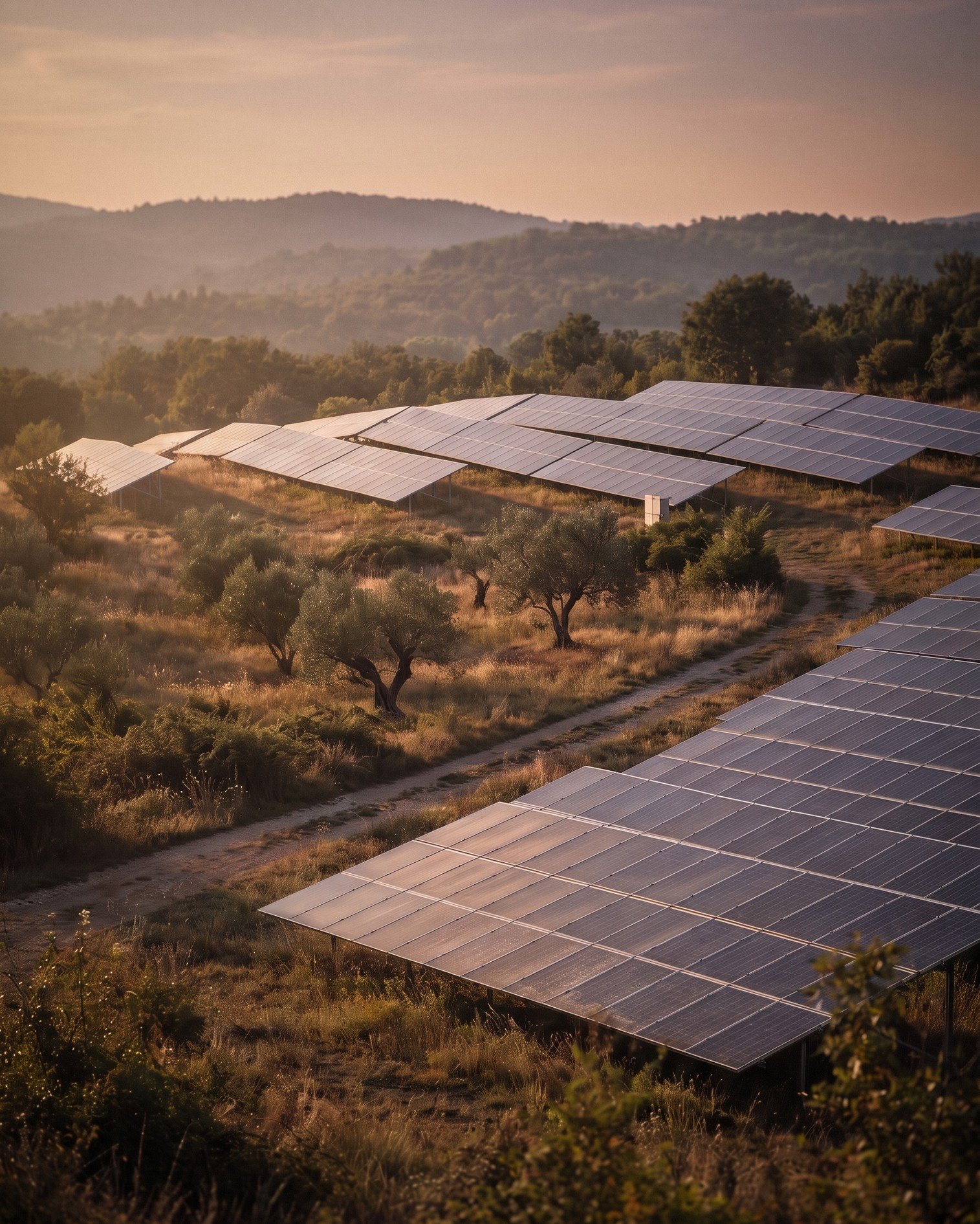 Solar panel field in the Istrian landscape at sunset