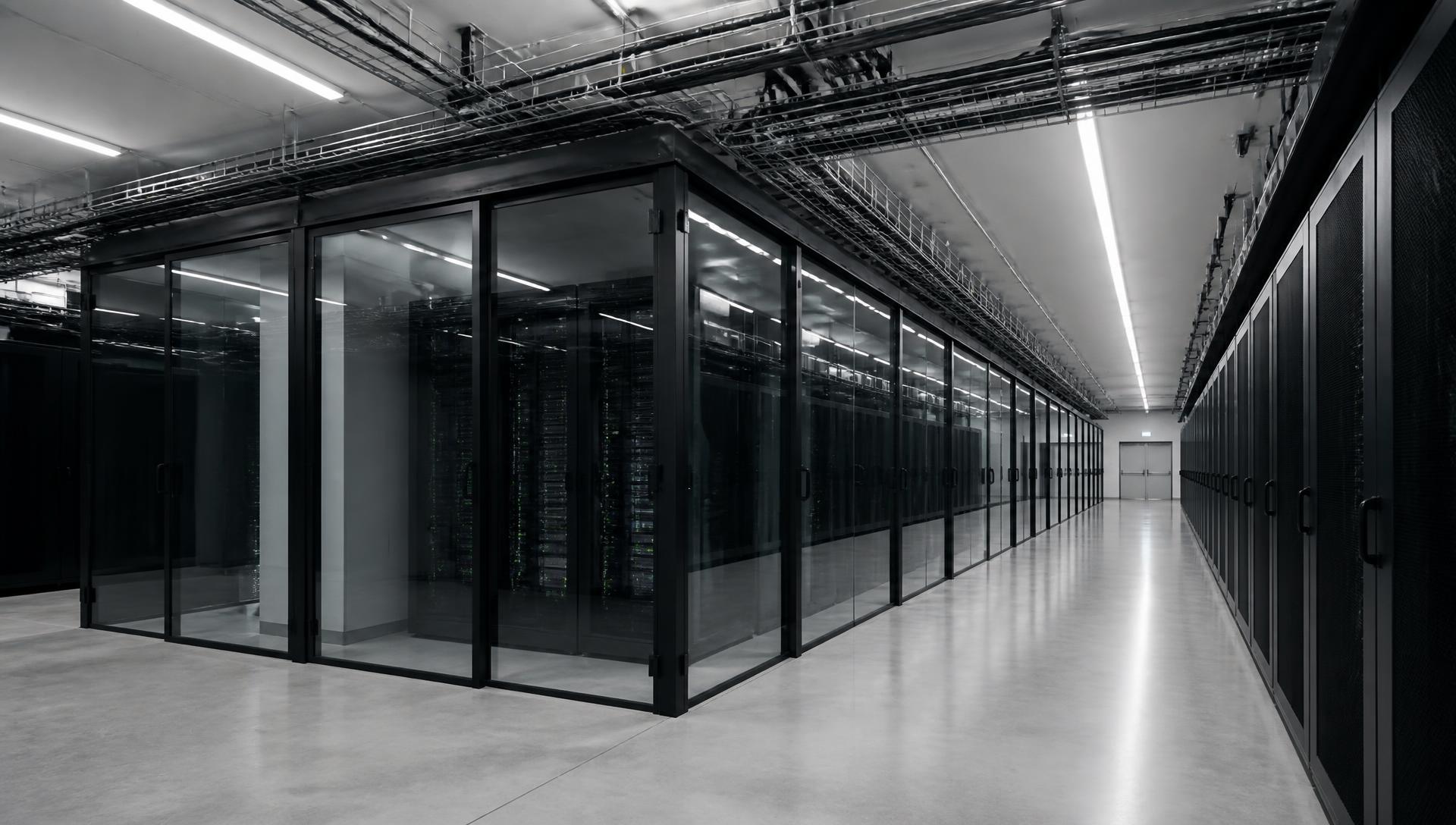 Interior of a modern liquid-cooled data hall with cold aisle containment